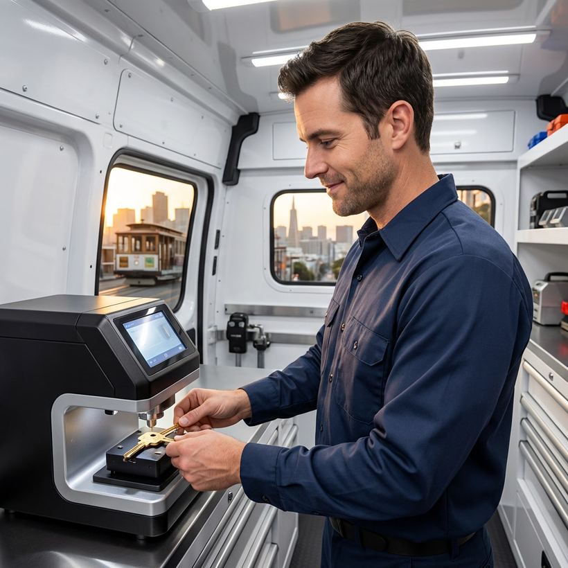 Precision key cutting machine cutting a brass car key blade inside a mobile locksmith van