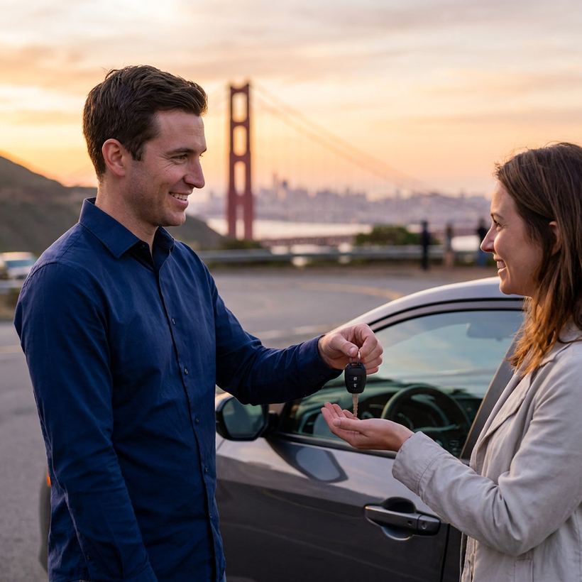 Locksmith handing a new car key to a customer with the Golden Gate Bridge in the background