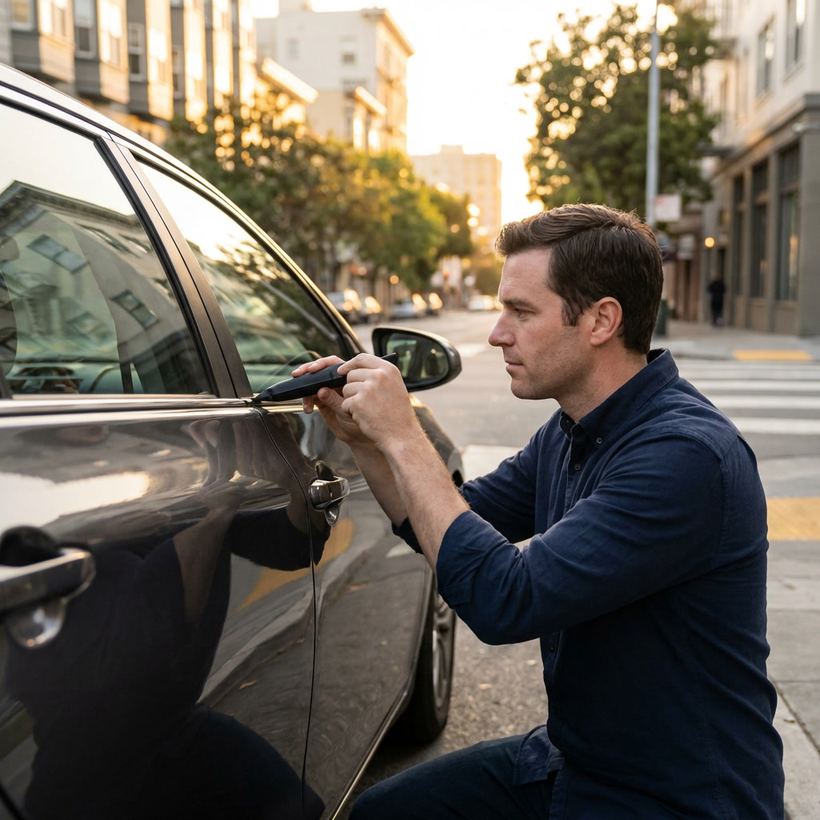 Locksmith using a non-damaging slim tool to unlock a car door