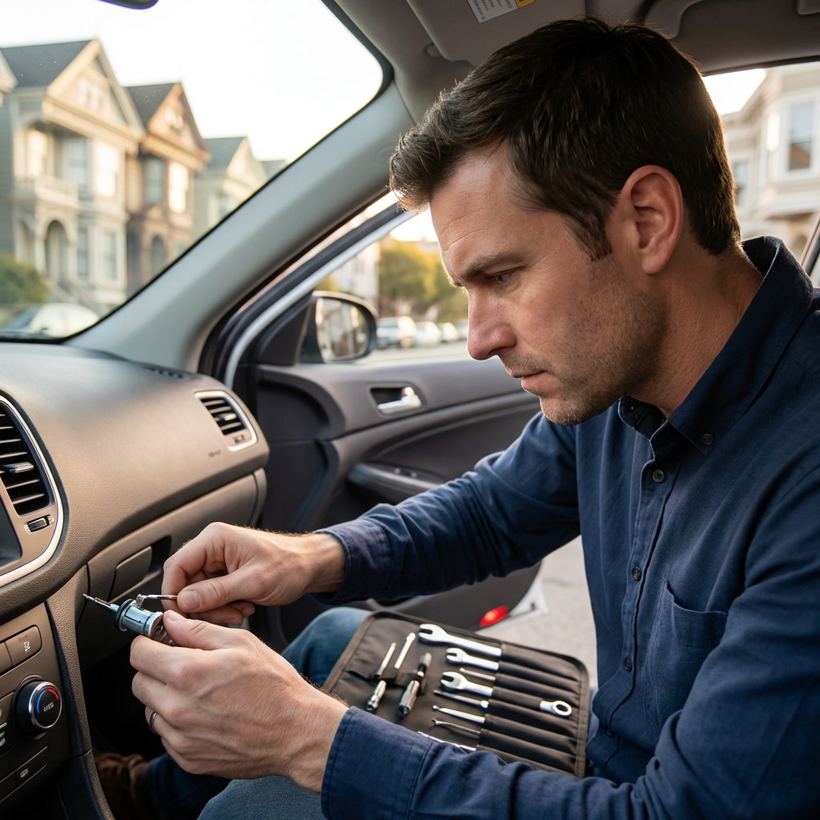 Hands installing a new ignition cylinder under the steering column of a car