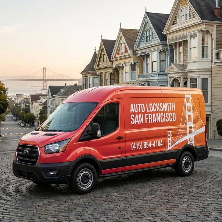 Auto Locksmith San Francisco branded service van on a hilly SF street with the Bay Bridge in the distance