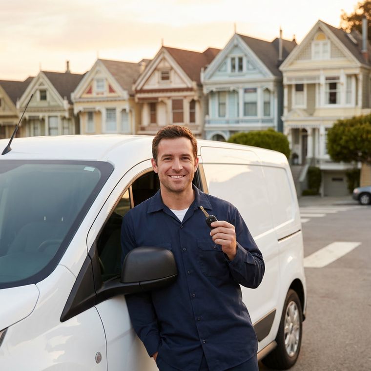 Auto locksmith technician with service van outside Painted Ladies, San Francisco